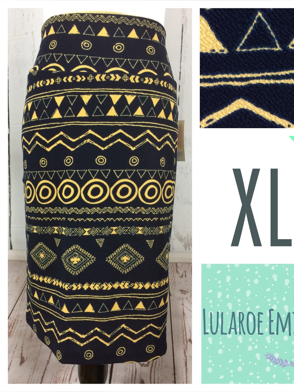 LuLaRoe Navy Pencil Skirt with Gold Geometric Print